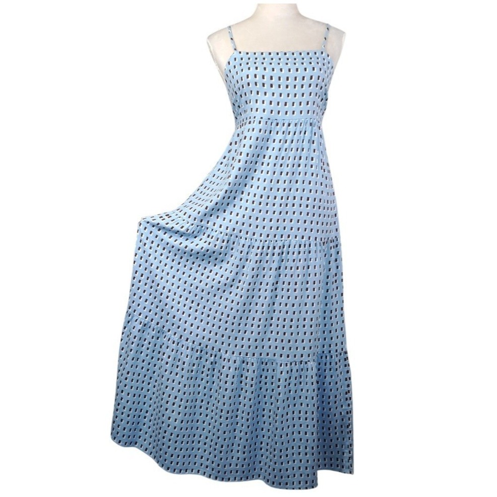 Monteau Los Angeles Blue Smocked Maxi Dress Size M Rayon Linen Tiered Flowy Boho